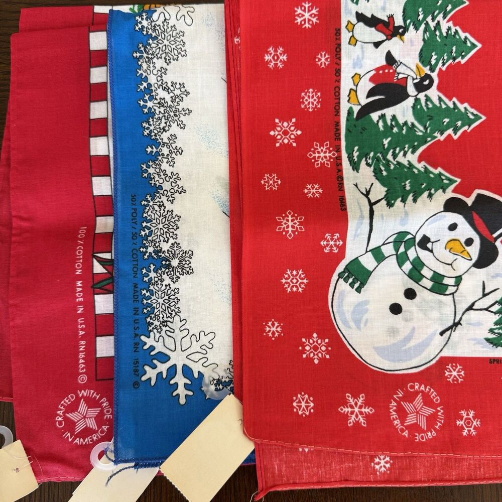 Vintage Christmas Bandanas Lot 3 NOS Hav-A-Hank Springs Made USA Snowman Penguin